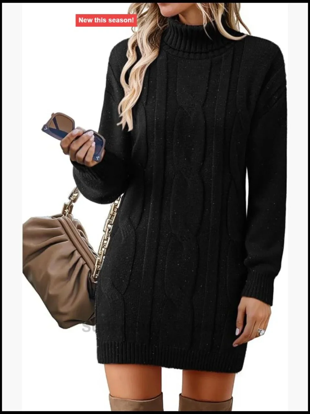 Long Sleeve Turtleneck Sweater Dress Ribbed Knit Stretchy Midi